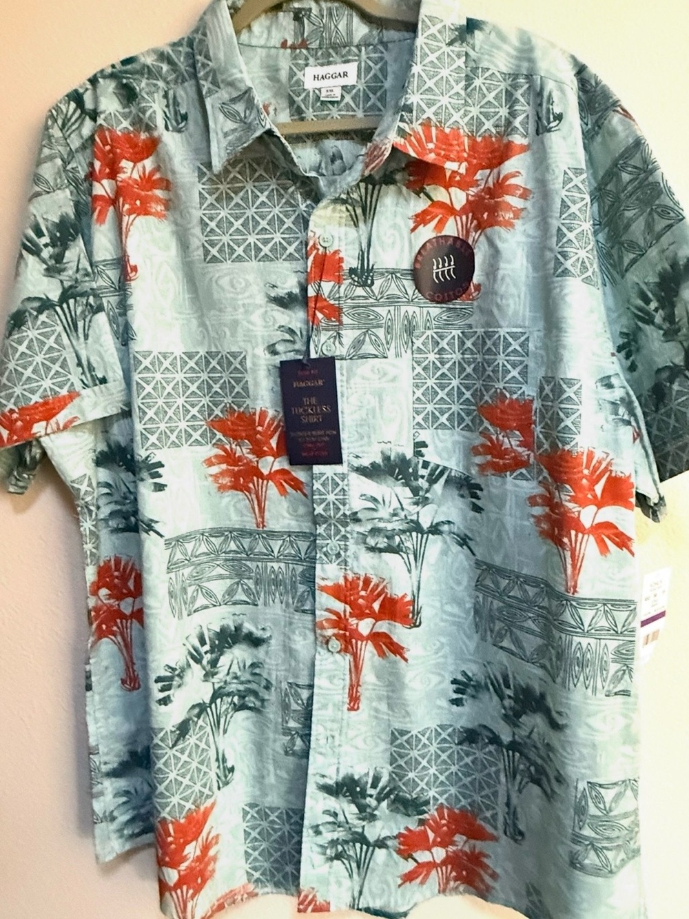 New Mens Slim XXL Cotton Haggar Seafoam Button-Down Shirt with Orange Palm Print